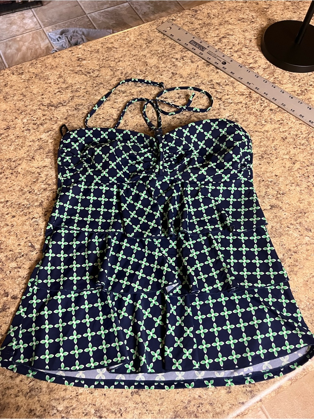 A Shore Fit Navy and Green geometric Patterned halter Tankini swimsuit top 16